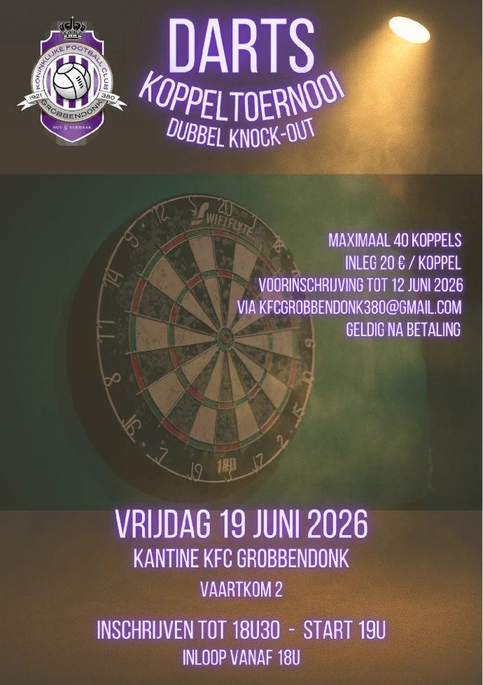 Affiche Darts Koppeltoernooi 2026 KFC Grobbendonk